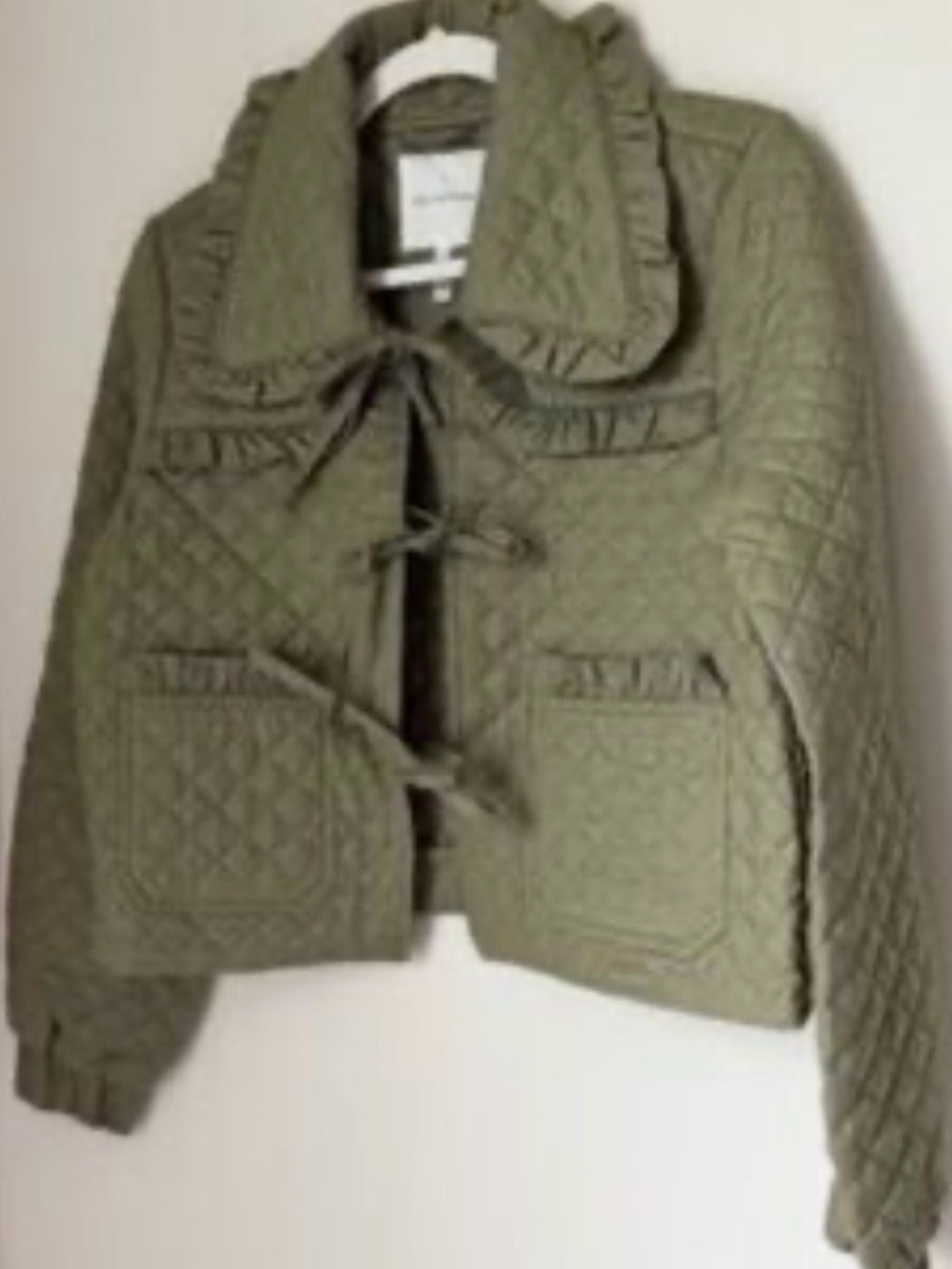 Avec Les Filles Quilted Olive Green Puffer Jacket with Ruffle Trim